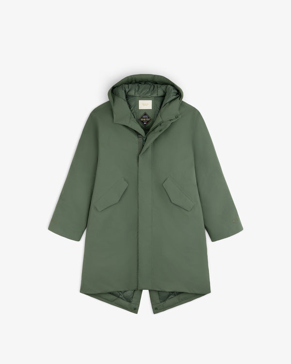 Olive green GORE-TEX Down Filled Fishtail Parka with a hood, fishtail hem, and branding on the inside collar.