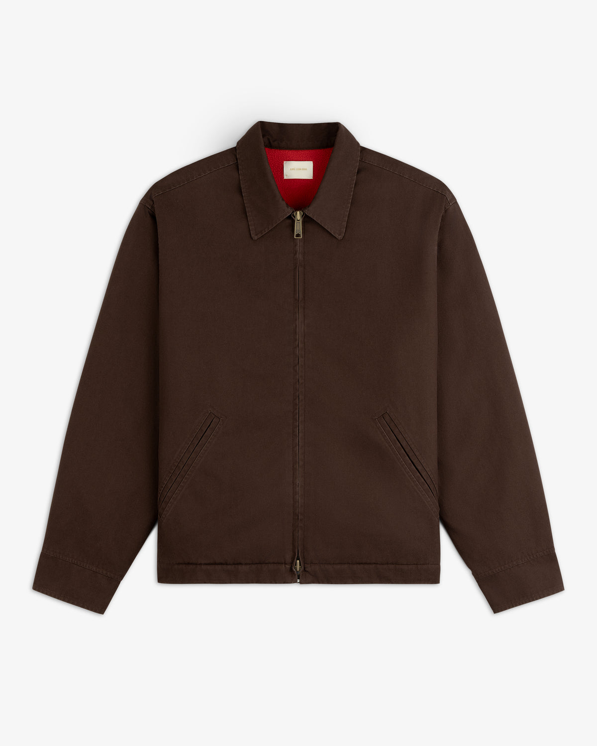 Fleece Lined Mechanic Jacket in dark brown with a red lining, zip front, and pointed collar.