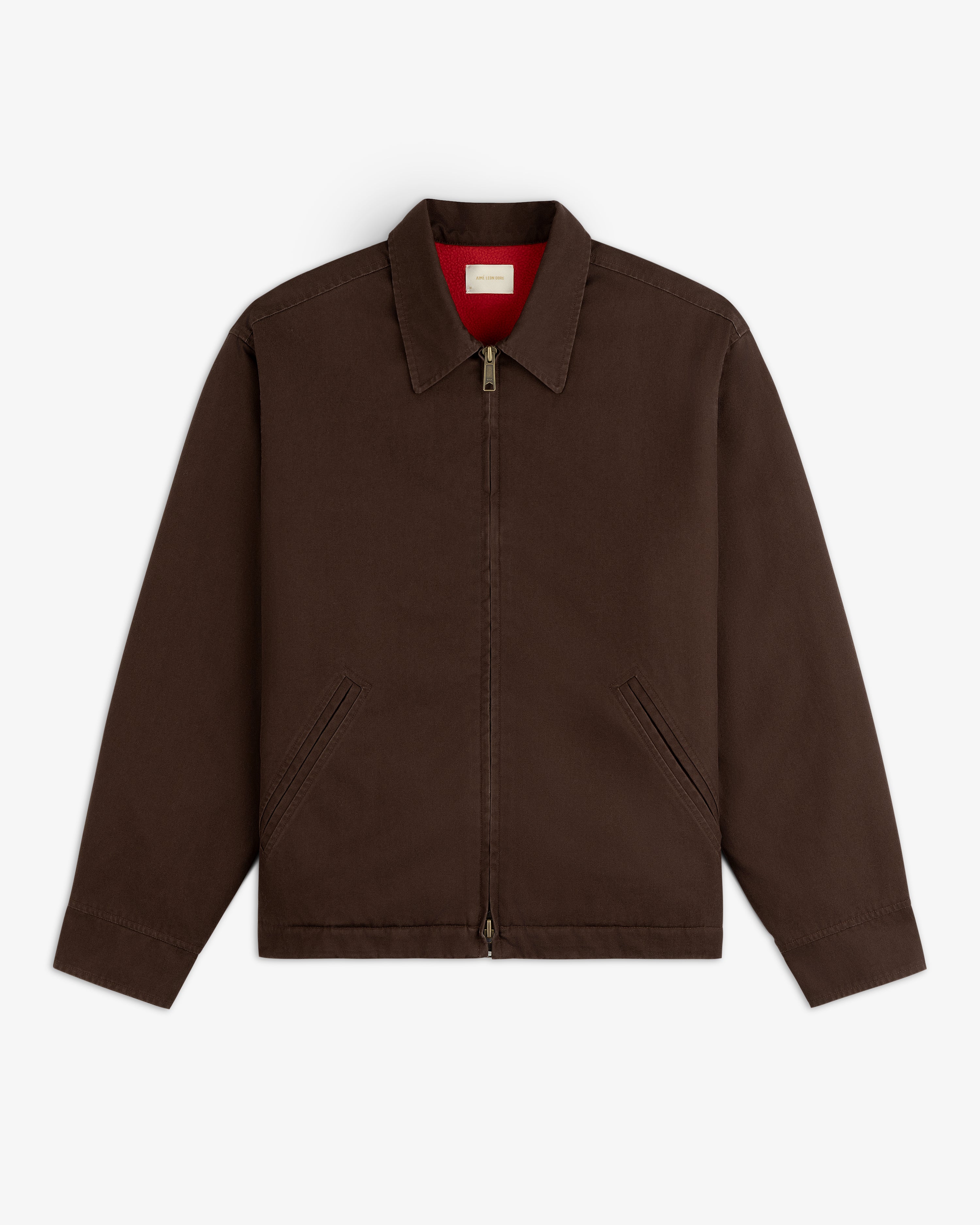 Fleece Lined Mechanic Jacket in dark brown with a red lining, zip front, and pointed collar.