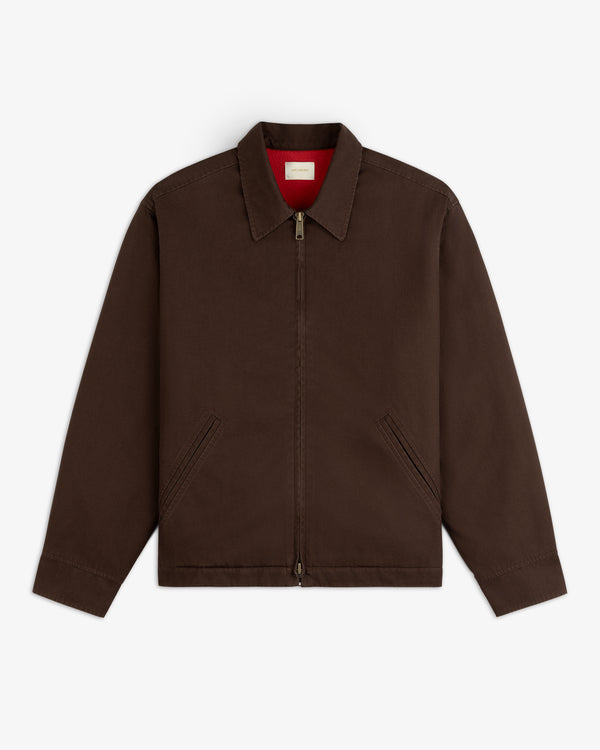 Fleece Lined Mechanic Jacket in dark brown with a red lining, zip front, and pointed collar.