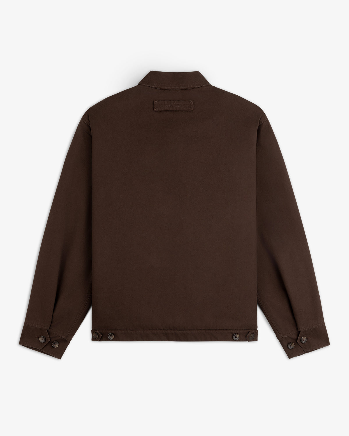 Back view of a dark brown Fleece Lined Mechanic Jacket with a collar and buttoned cuffs and hem.
