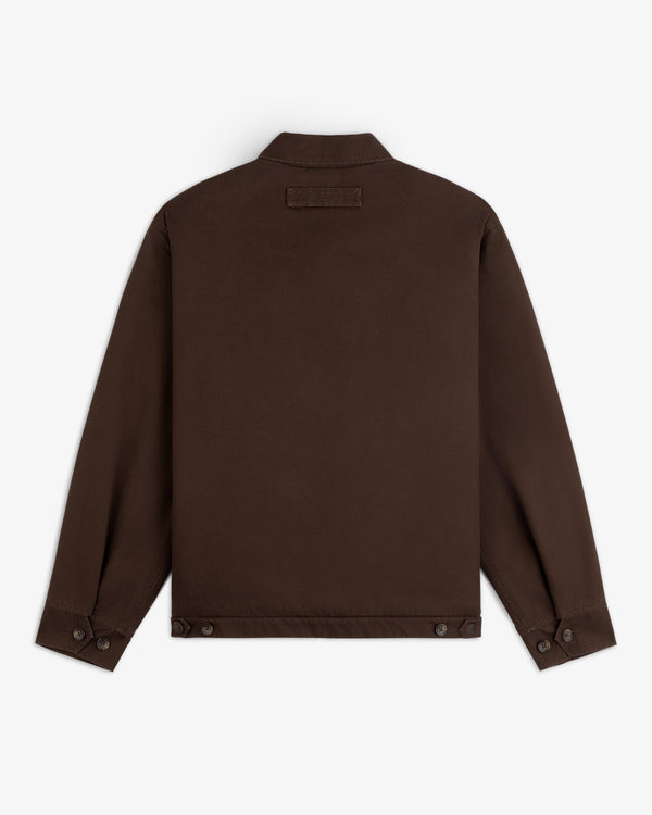 Back view of a dark brown Fleece Lined Mechanic Jacket with a collar and buttoned cuffs and hem.