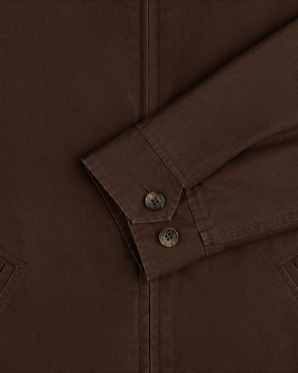 Close-up of a brown Fleece Lined Mechanic Jacket sleeve with two buttons on the cuff.