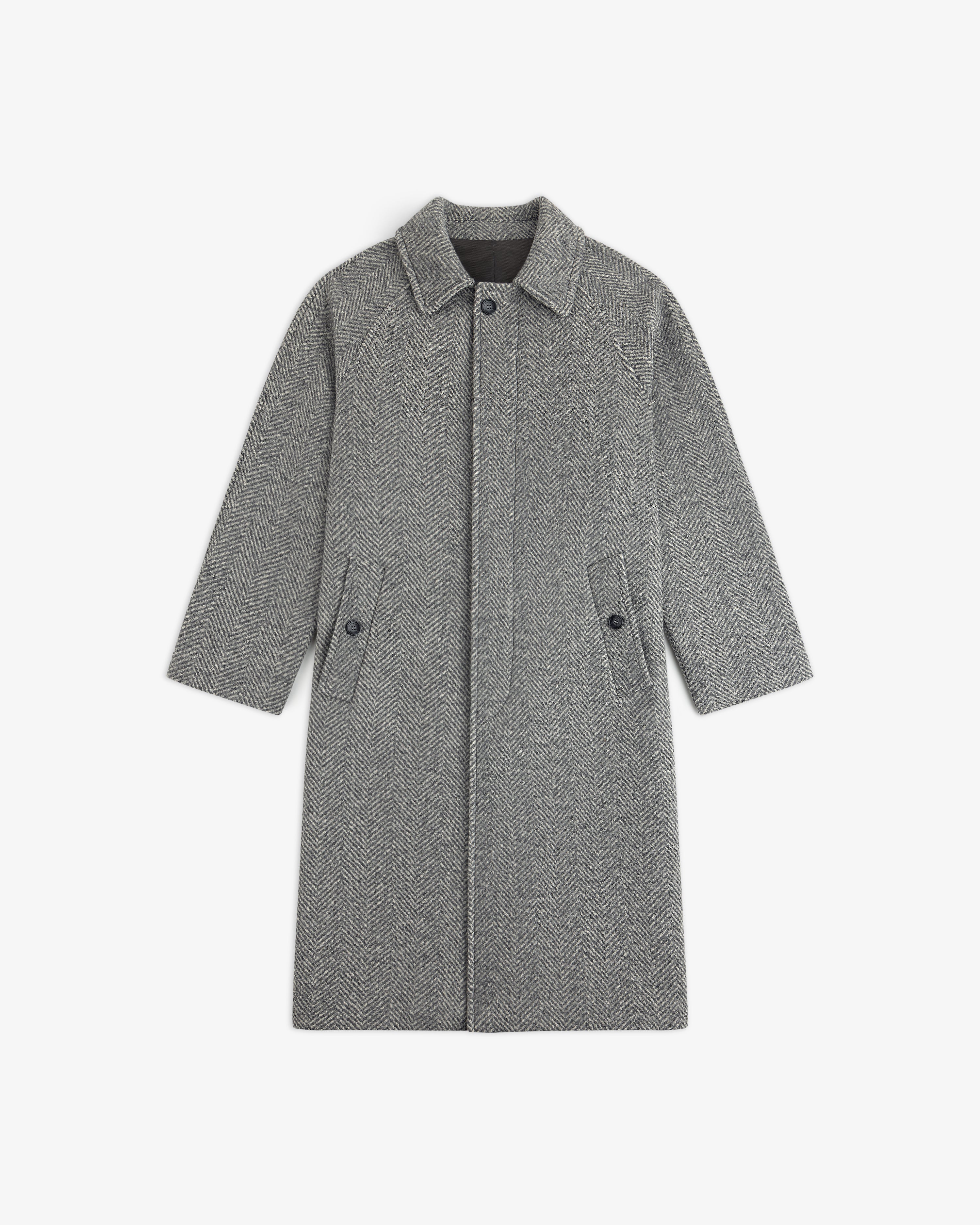 Grey Wool Herringbone Overcoat with a fold-down collar, button front, and side pockets.
