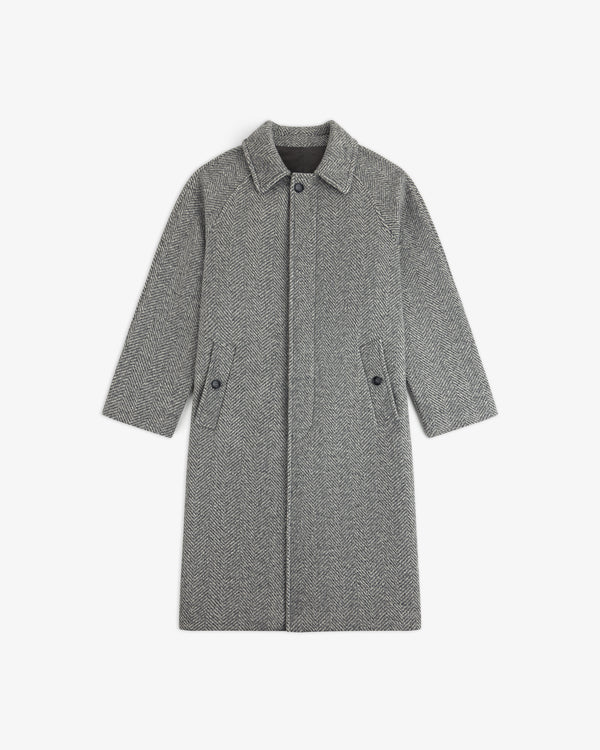 Grey Wool Herringbone Overcoat with a fold-down collar, button front, and side pockets.