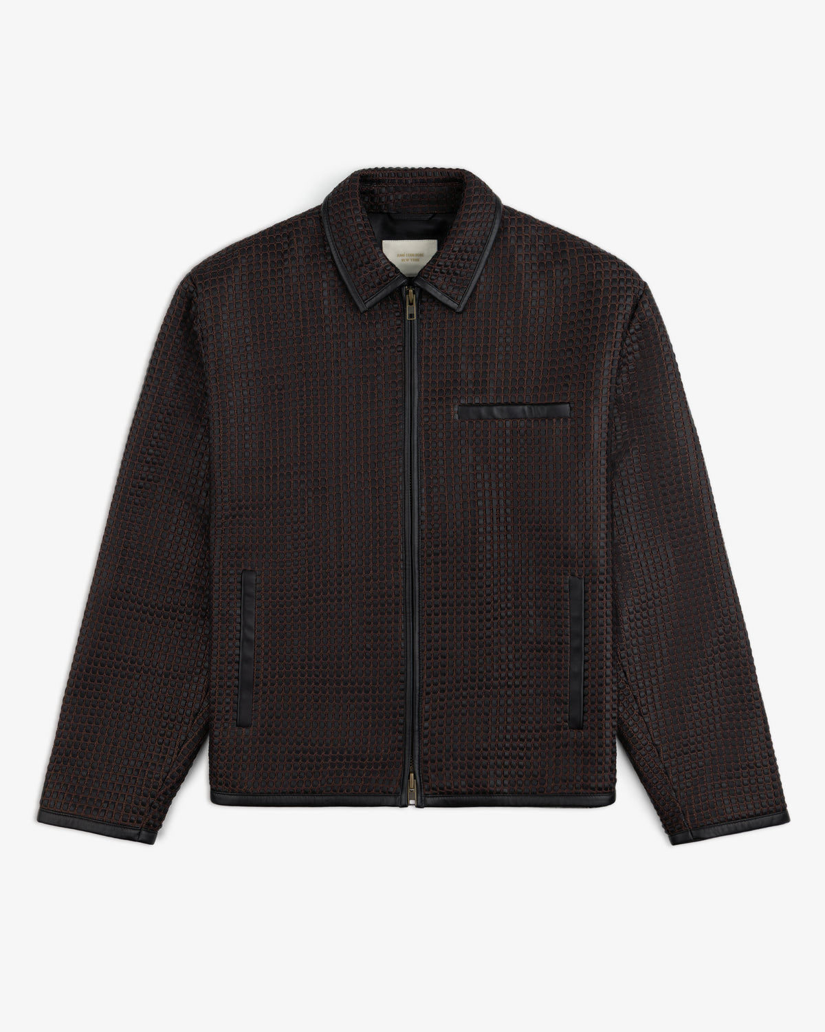 Woven Leather Jacket in dark brown with a textured grid pattern and solid trim.