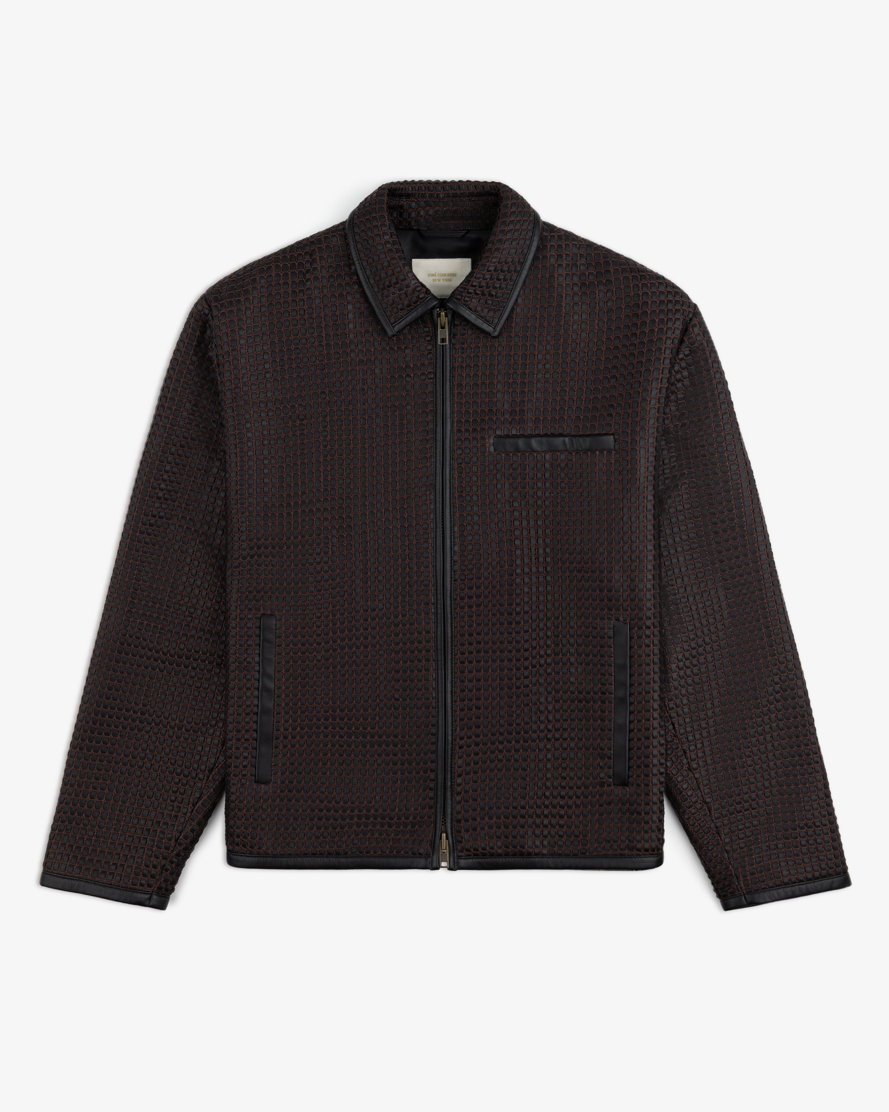 Woven Leather Jacket in dark brown with a textured grid pattern and solid trim.