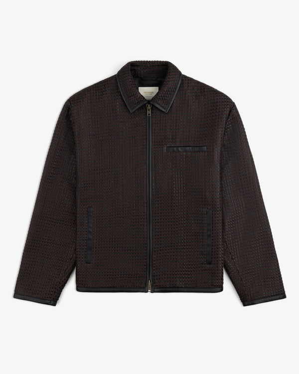 Woven Leather Jacket in dark brown with a textured grid pattern and solid trim.