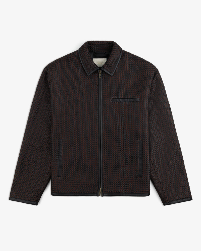 Woven Leather Jacket in dark brown with a textured grid pattern and solid trim.