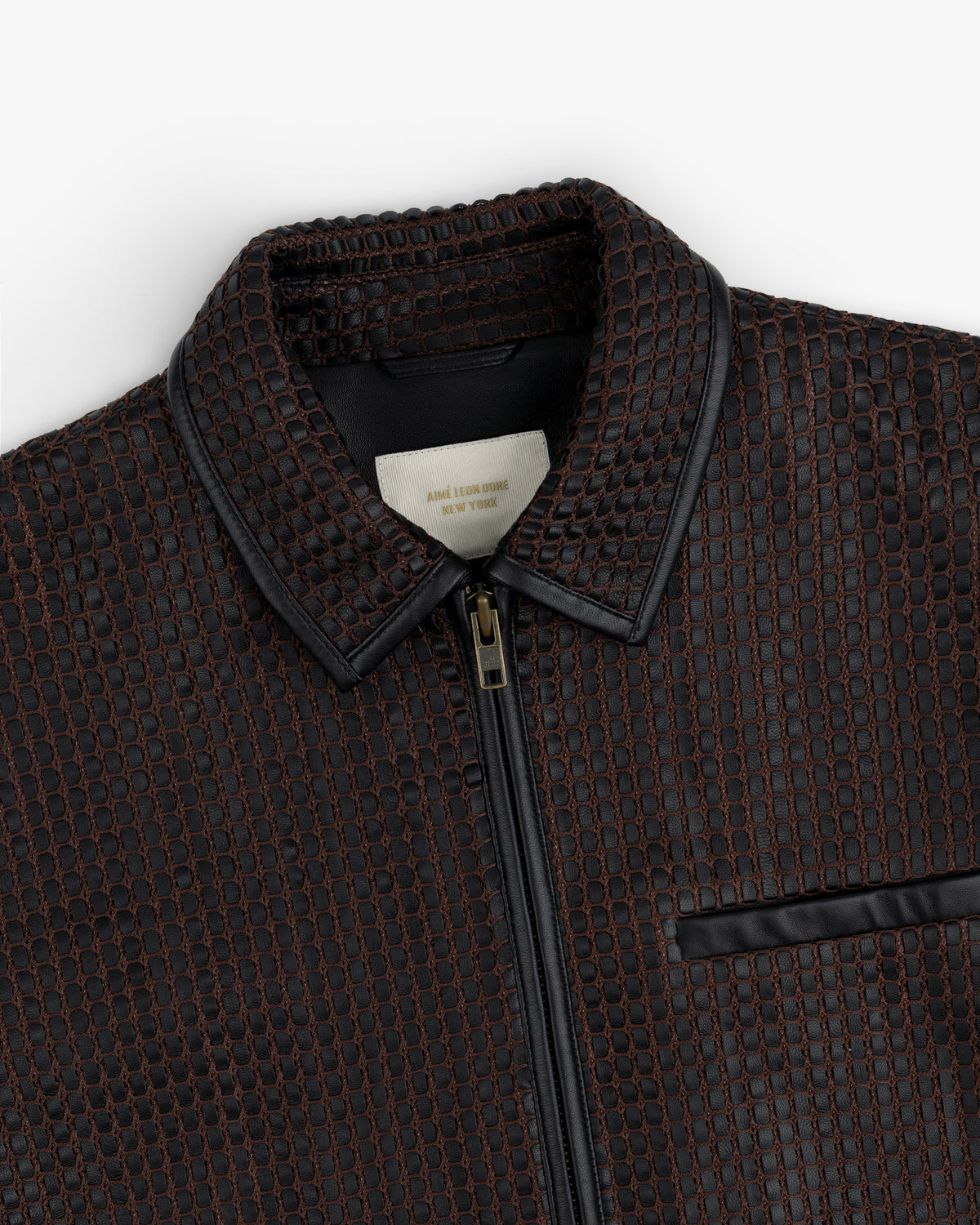 Woven Leather Jacket in brown with a grid-patterned texture, black leather collar, and a front zipper.