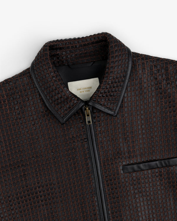 Woven Leather Jacket in brown with a grid-patterned texture, black leather collar, and a front zipper.