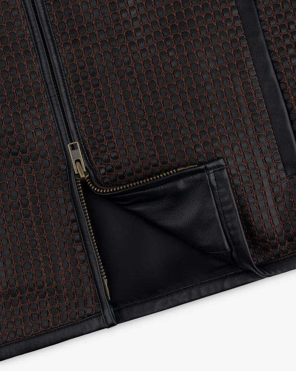 Close-up of a Woven Leather Jacket featuring a brown and black grid pattern with a metallic zipper and black leather trim.