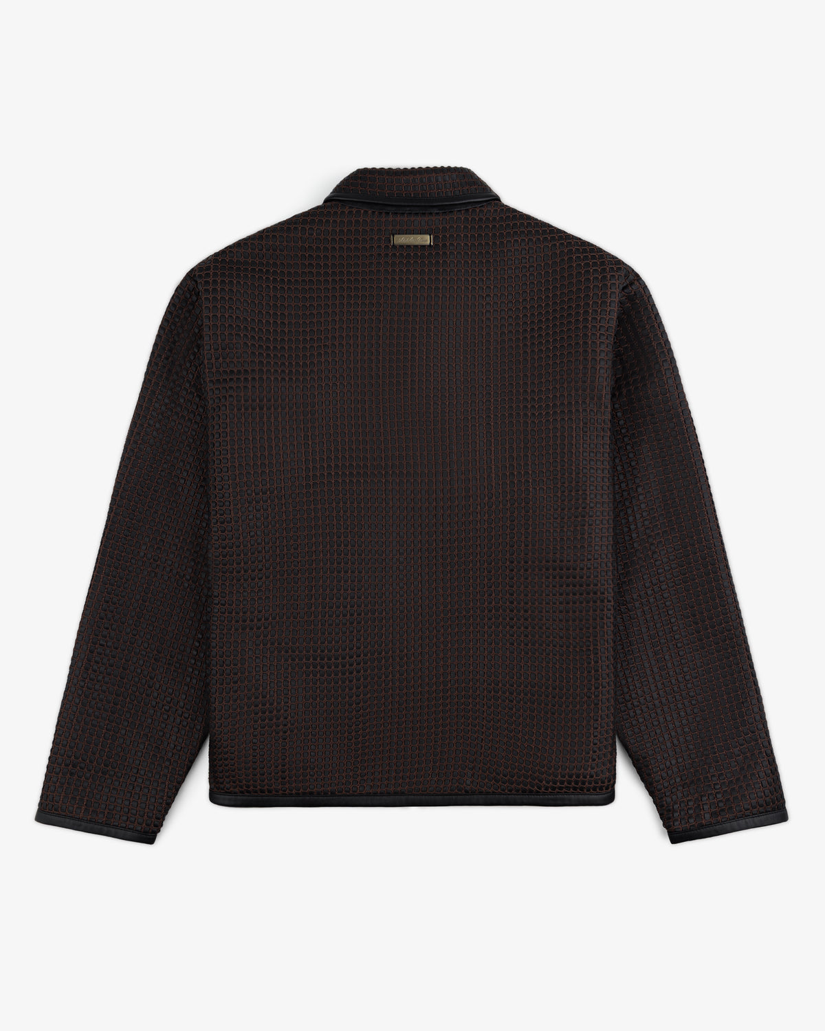 Back view of a Woven Leather Jacket with a dark, grid-patterned woven texture and a collar.