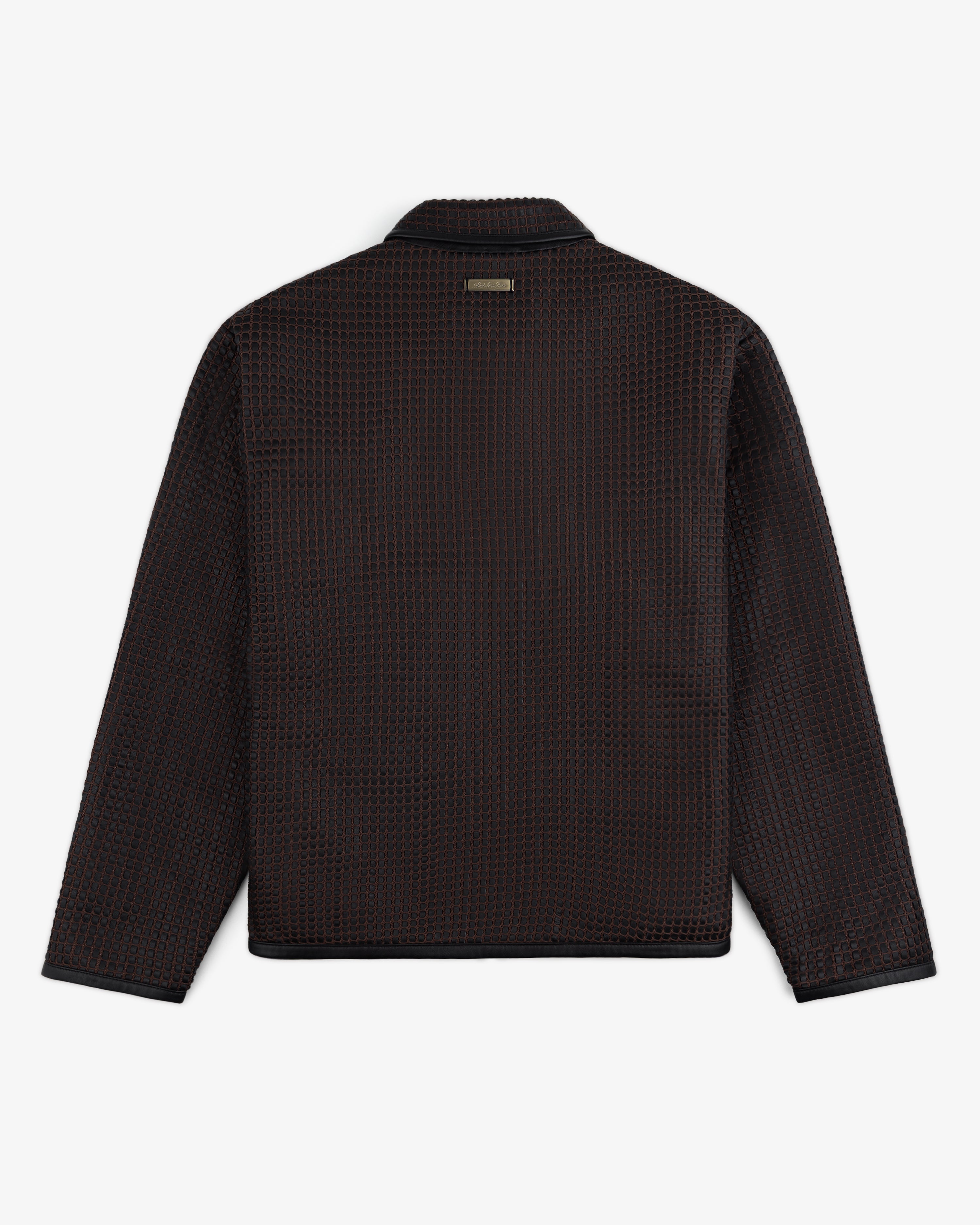 Back view of a Woven Leather Jacket with a dark, grid-patterned woven texture and a collar.