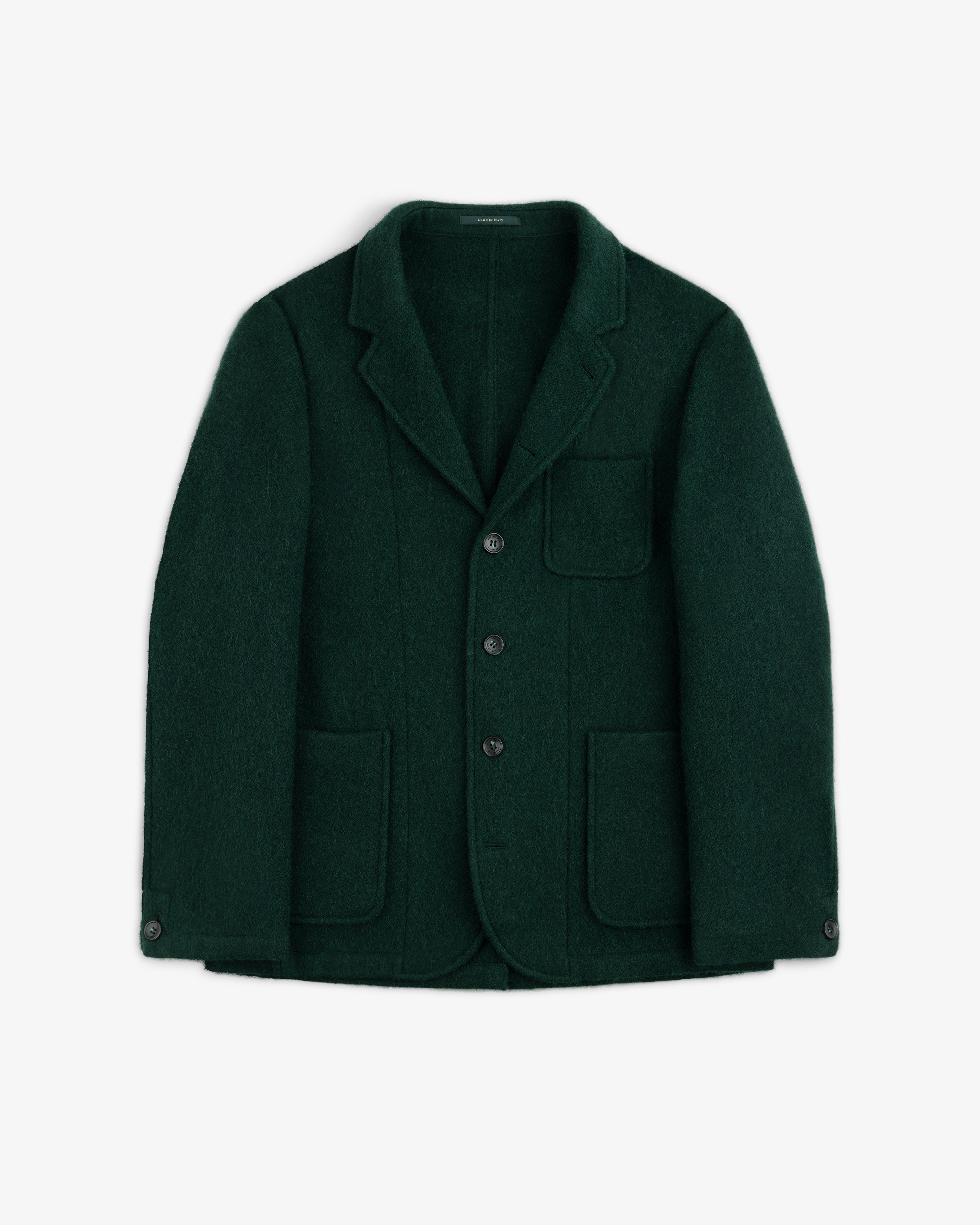 Dark green Wool Sport Coat with three buttons, a chest pocket, and two lower patch pockets.