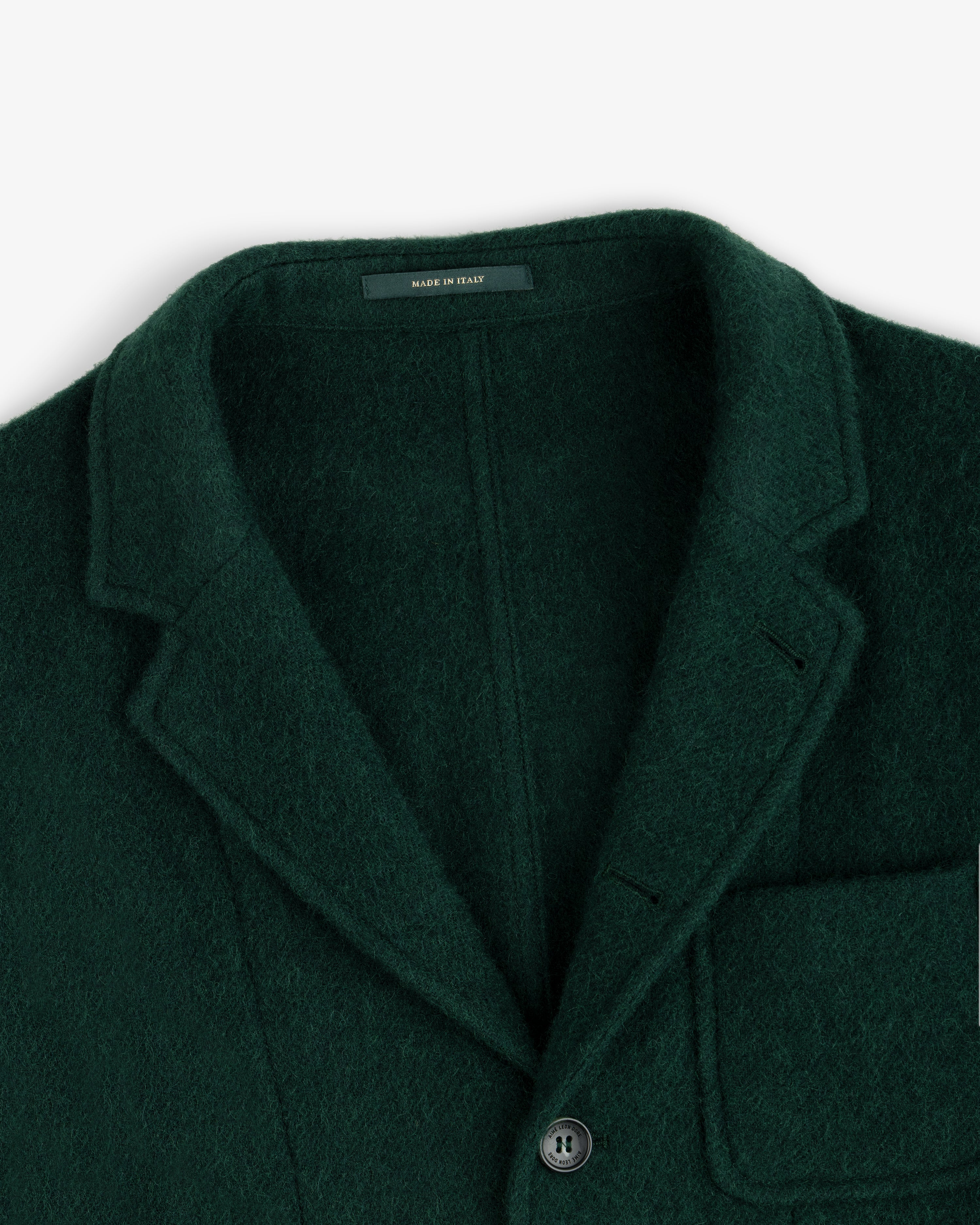 Dark green Wool Sport Coat with a collar label reading MADE IN ITALY.