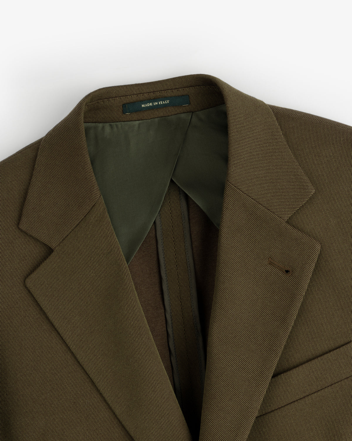 Olive green Single-Breasted Wool Blend Suit Jacket with a Made in Italy label inside the collar.