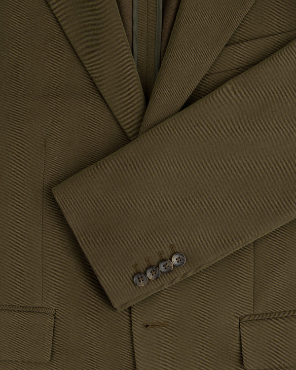 Olive green Single-Breasted Wool Blend Suit Jacket with four buttons on the cuff.