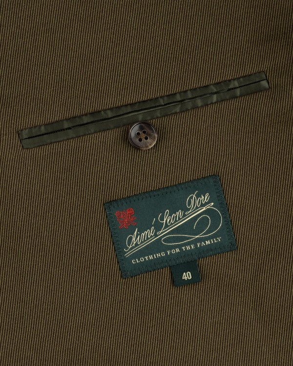 Olive green Single-Breasted Wool Blend Suit Jacket featuring a button, pocket welt, and a size 40 branded interior label.