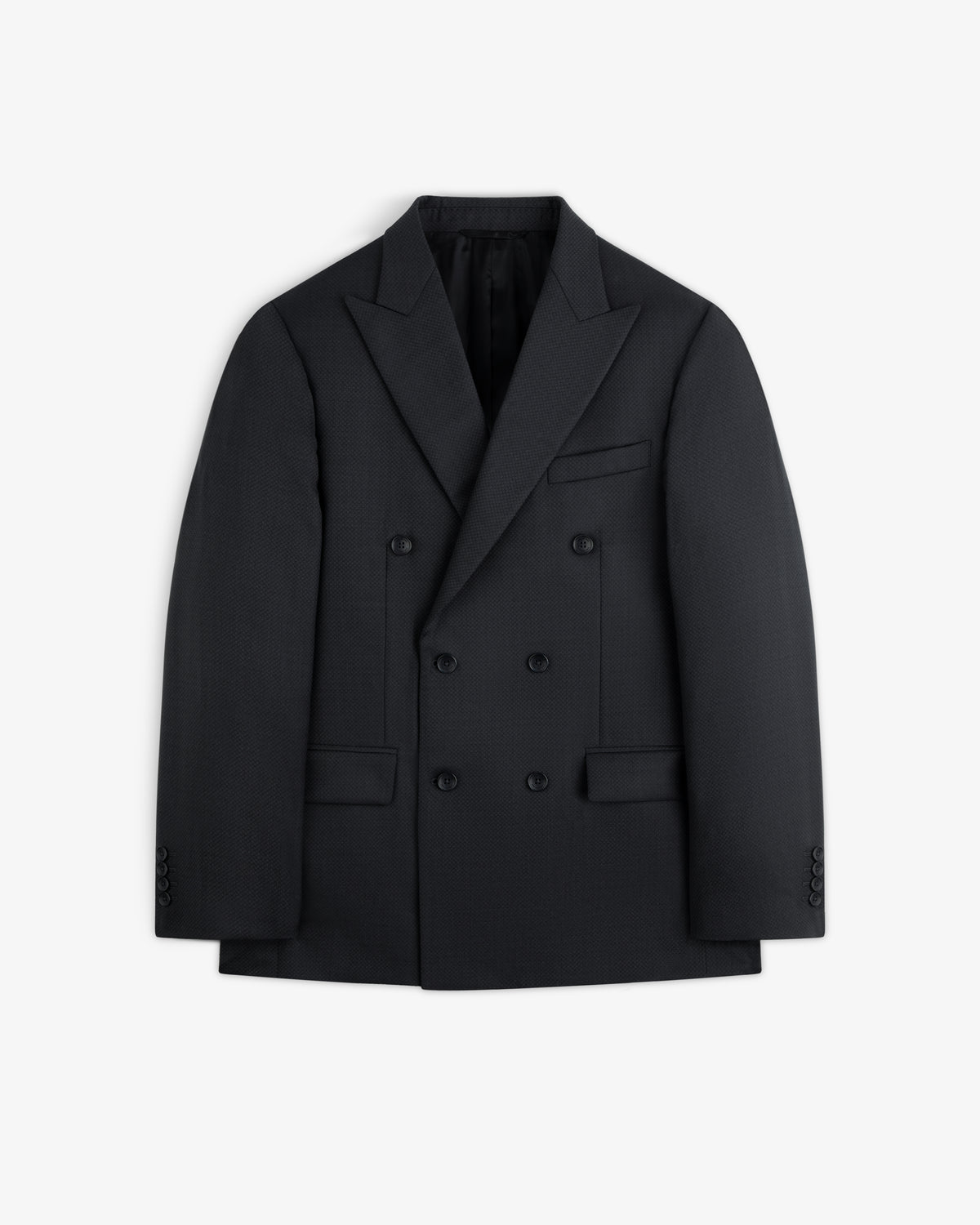 Black Double-Breasted Wool Jacquard suit jacket with peaked lapels and six front buttons.