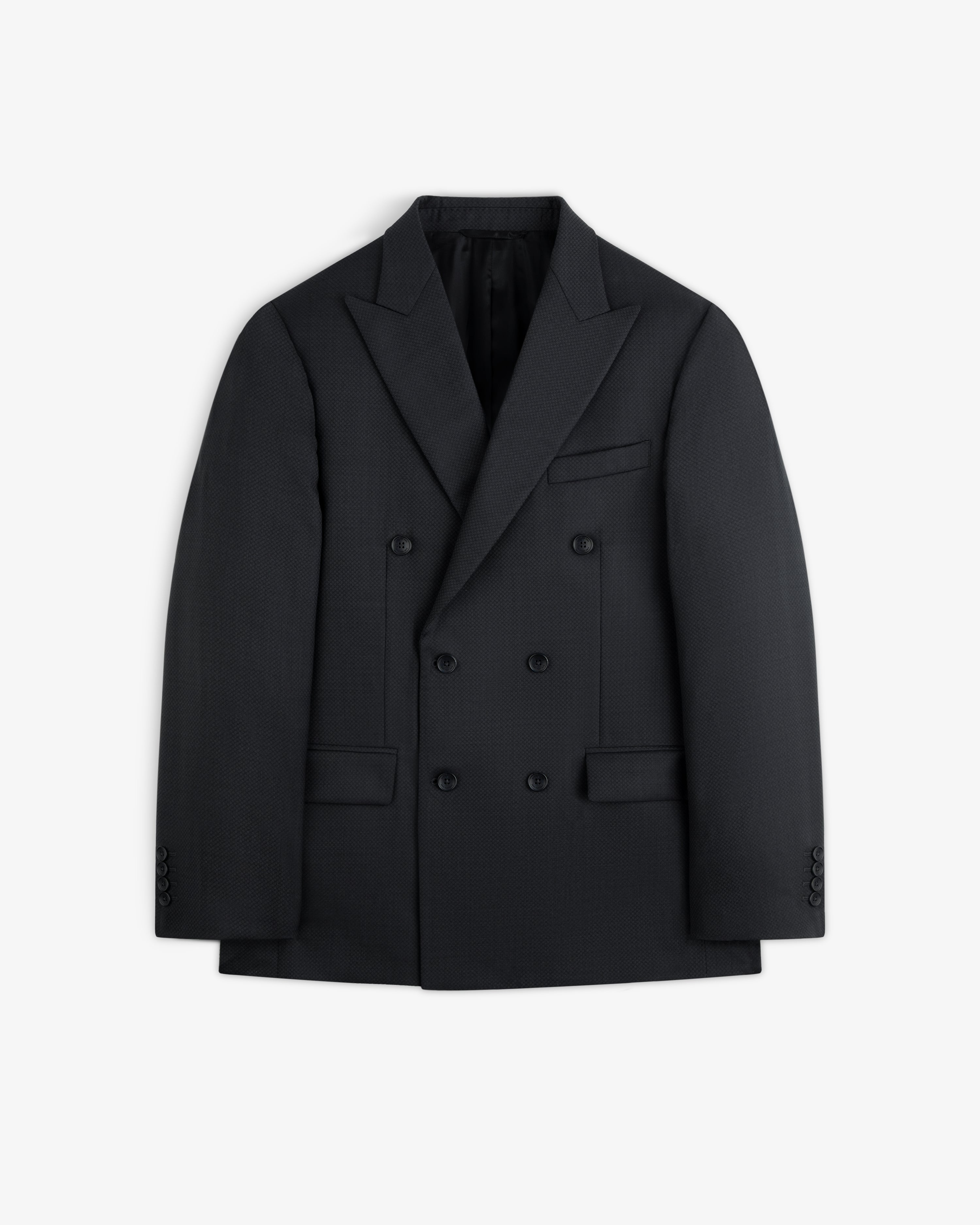 Black Double-Breasted Wool Jacquard suit jacket with peaked lapels and six front buttons.