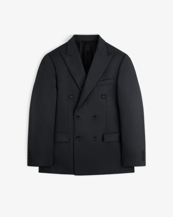 Black Double-Breasted Wool Jacquard suit jacket with peaked lapels and six front buttons.