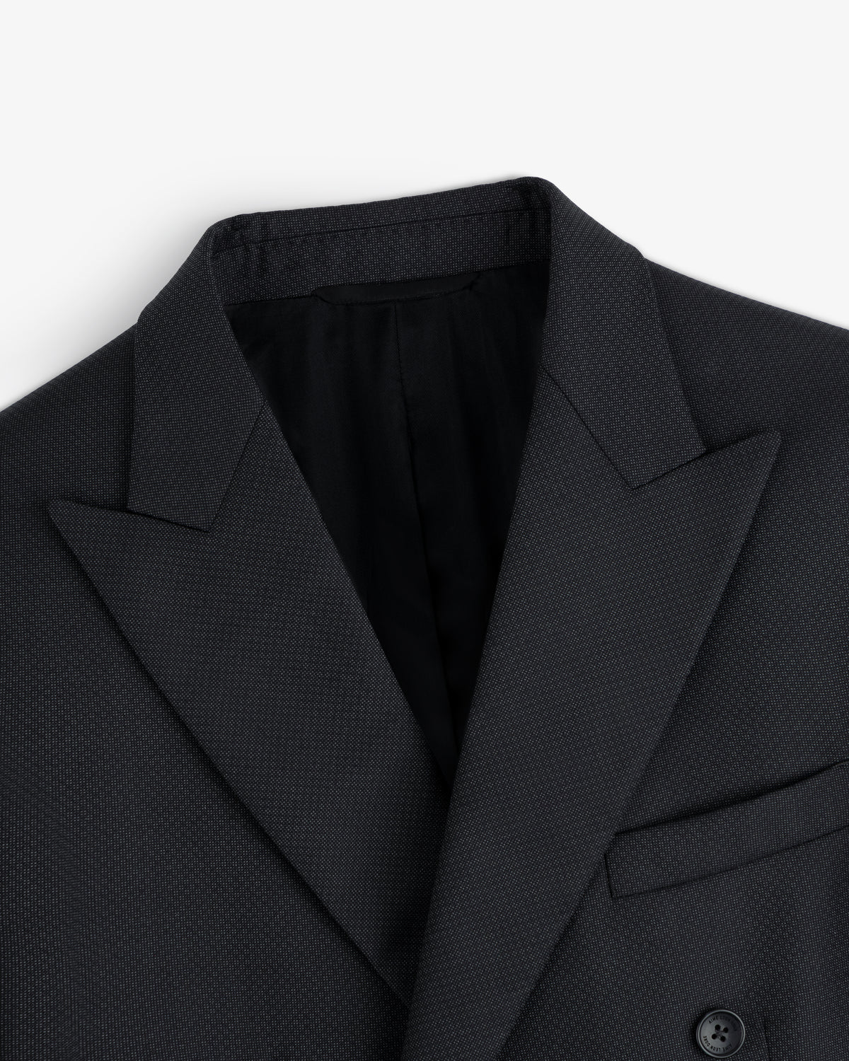 Dark gray Double-Breasted Wool Jacquard suit jacket with wide peaked lapels.