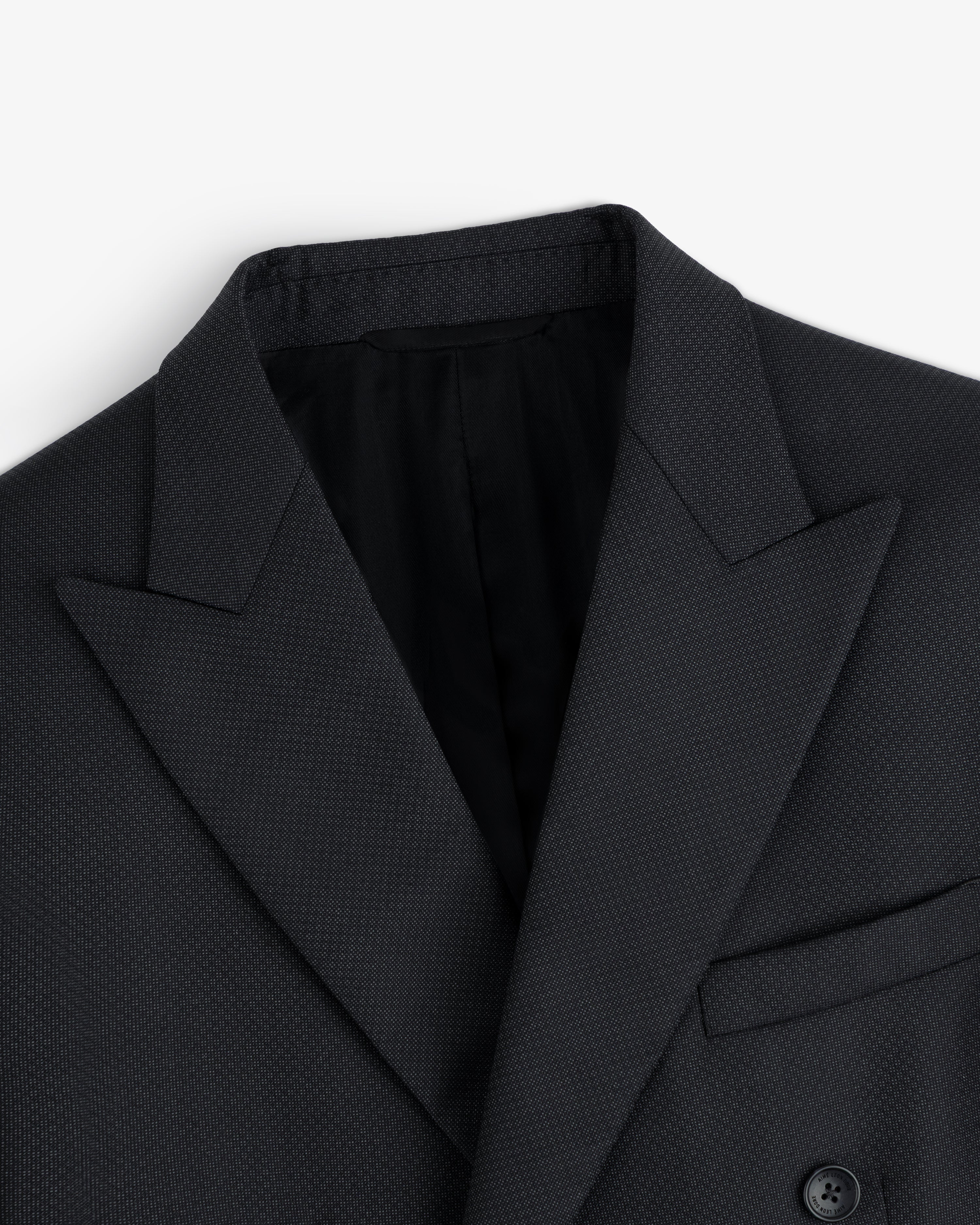 Dark gray Double-Breasted Wool Jacquard suit jacket with wide peaked lapels.
