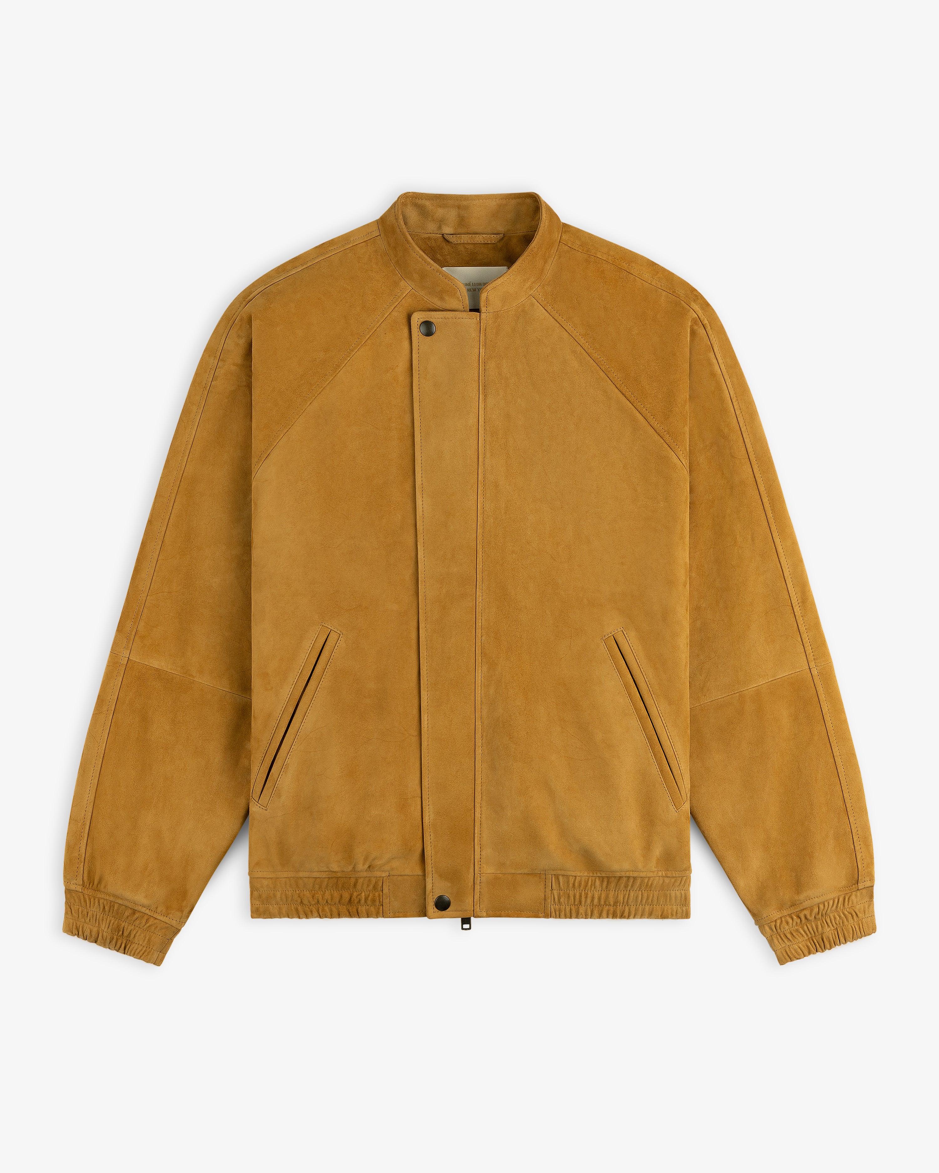 Suede Cafe Racer Jacket in tan with front snap closure and two angled zip pockets, shown on a white background.