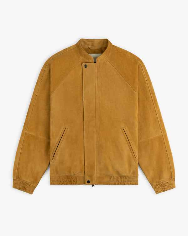Suede Cafe Racer Jacket in tan with front snap closure and two angled zip pockets, shown on a white background.