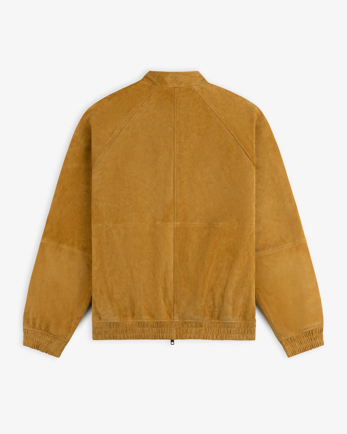 Suede Cafe Racer Jacket in tan with long sleeves, elastic cuffs & hem, shown from the back on a white background.