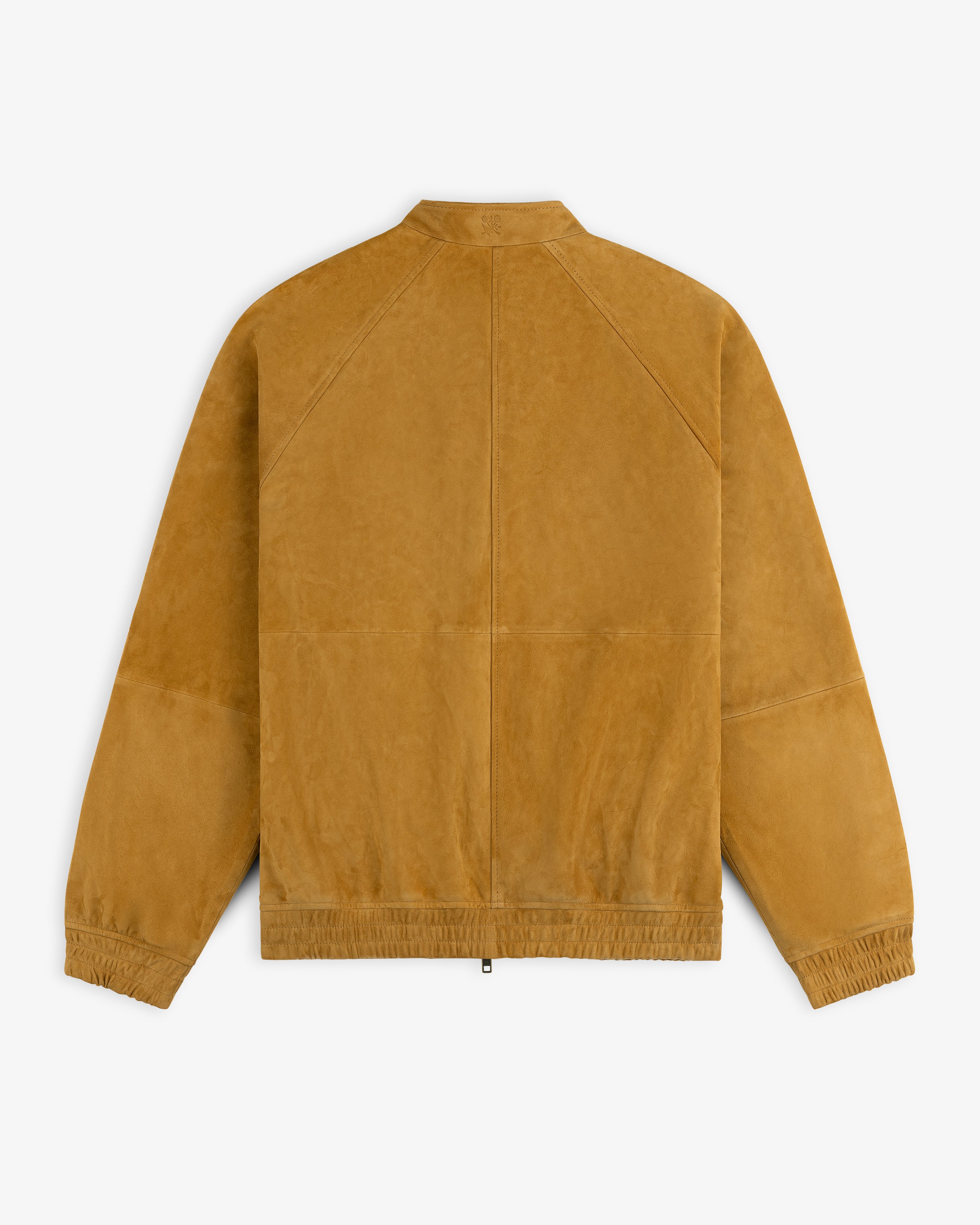 Suede Cafe Racer Jacket in tan with long sleeves, elastic cuffs & hem, shown from the back on a white background.
