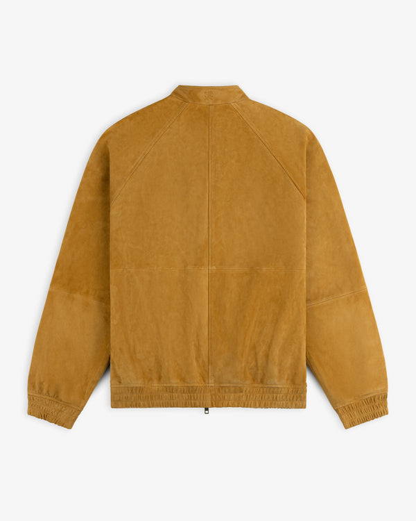 Suede Cafe Racer Jacket in tan with long sleeves, elastic cuffs & hem, shown from the back on a white background.