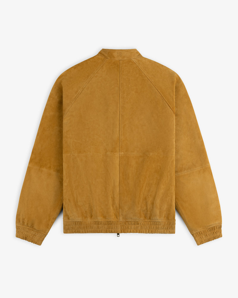 Suede Cafe Racer Jacket in tan with long sleeves, elastic cuffs & hem, shown from the back on a white background.