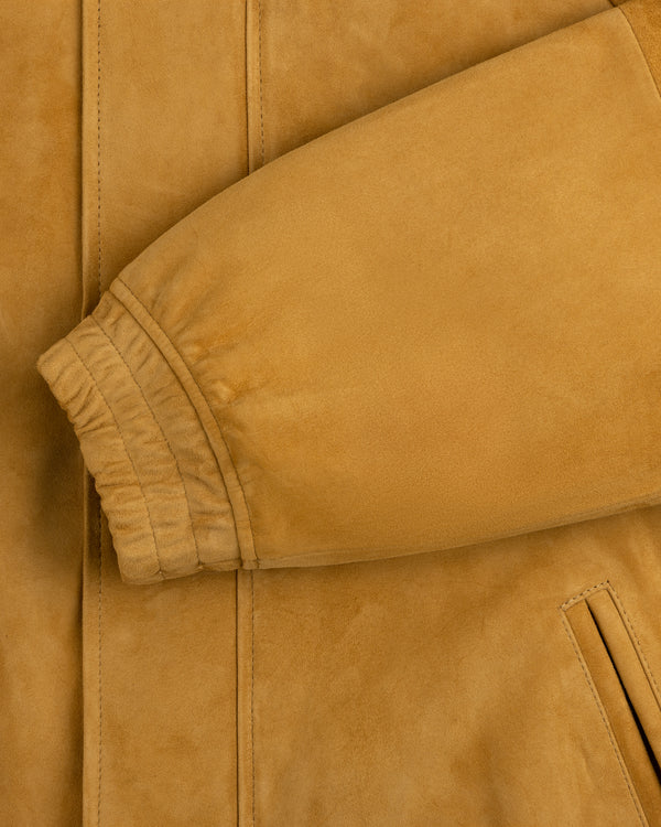 Close-up of Suede Cafe Racer Jacket sleeve with ribbed cuff and slanted pocket visible.