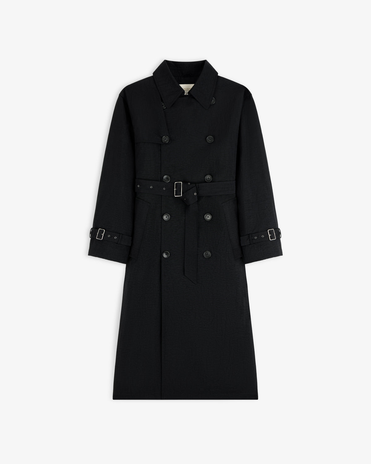 Double Breasted Nylon Trench Coat with waist belt and cuff straps, shown on a white background.