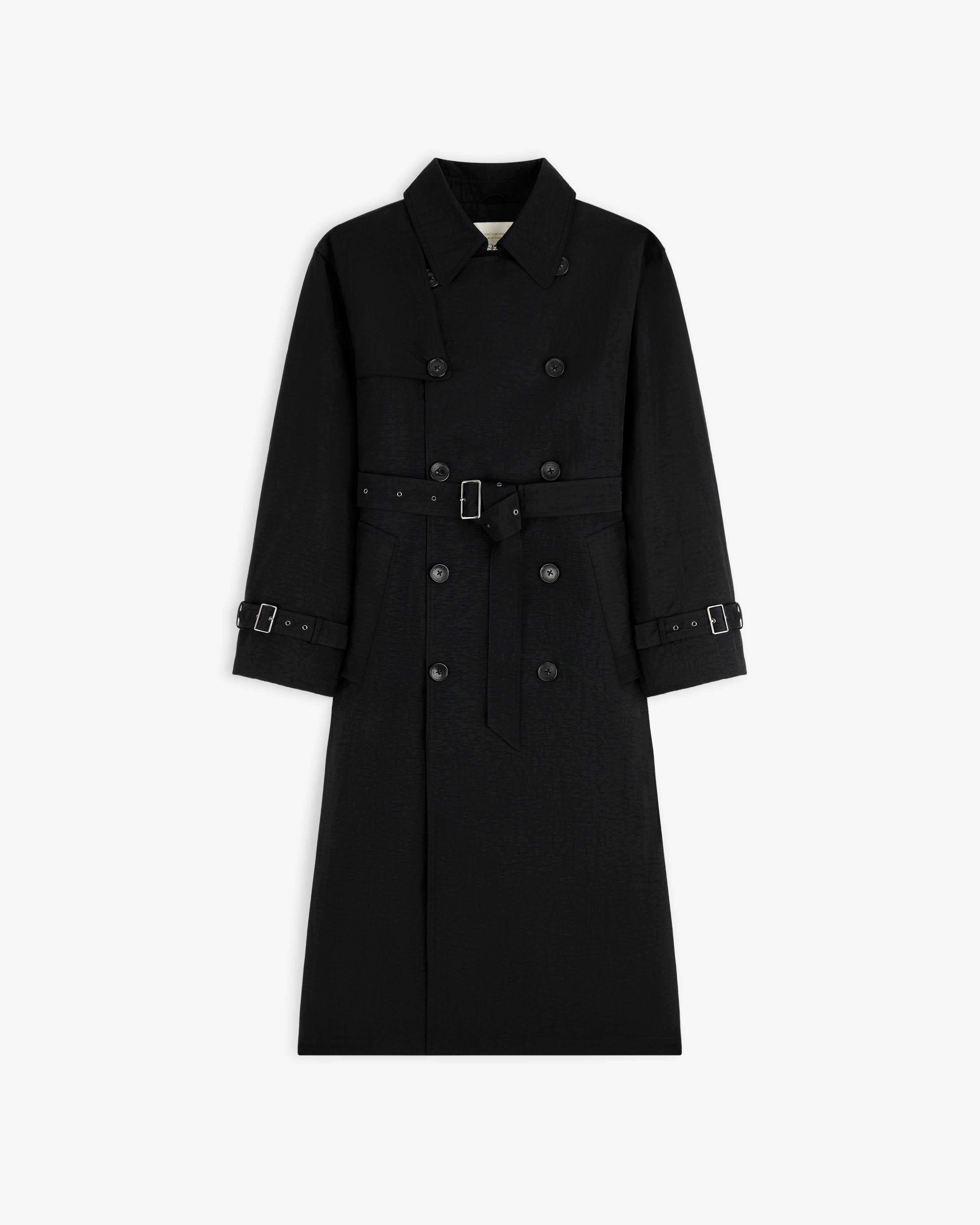 Double Breasted Nylon Trench Coat with waist belt and cuff straps, shown on a white background.