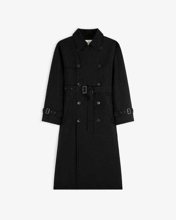 Double Breasted Nylon Trench Coat with waist belt and cuff straps, shown on a white background.