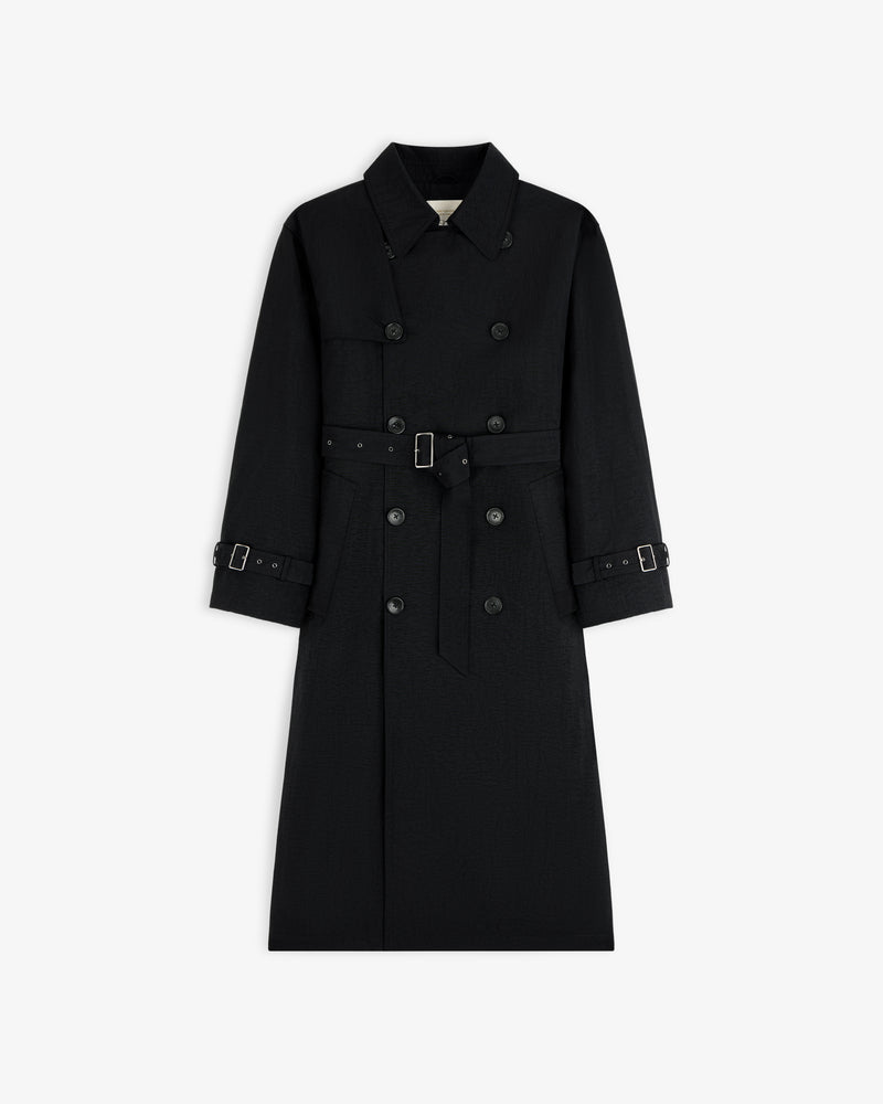 Double Breasted Nylon Trench Coat with waist belt and cuff straps, shown on a white background.