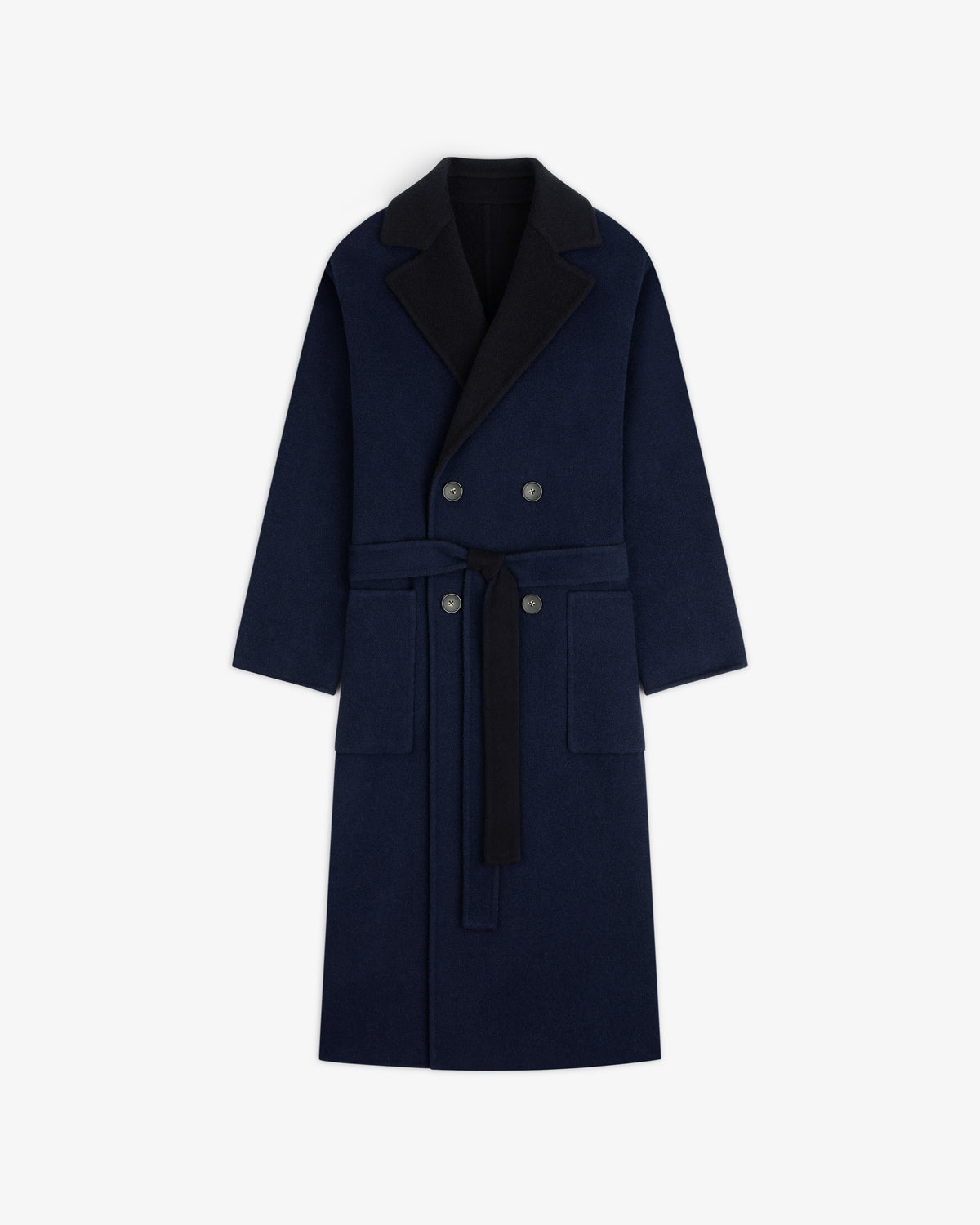 Reversible Double Breasted Top Coat in navy blue, knee-length, with a black collar and a tie waist.