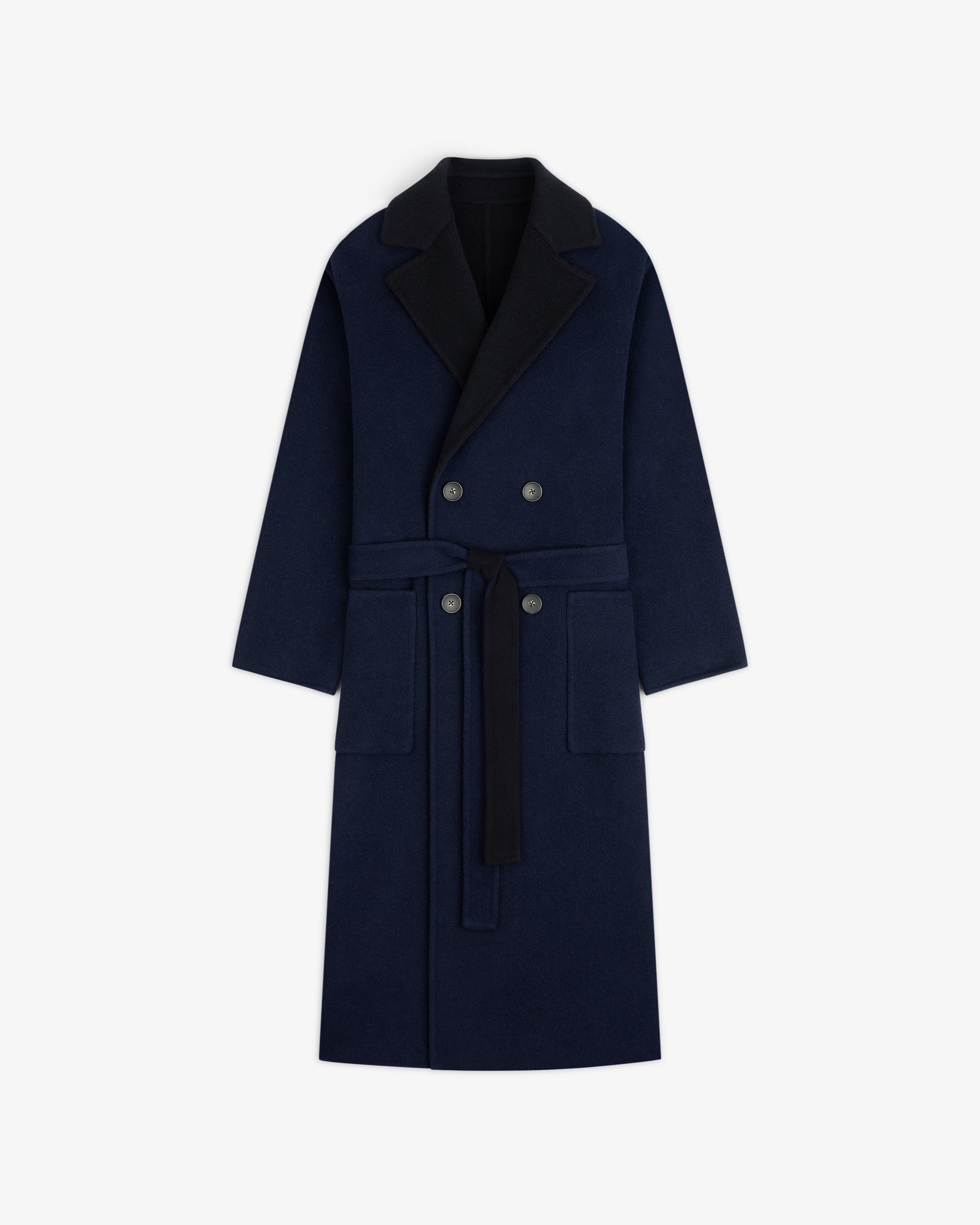 Reversible Double Breasted Top Coat in navy blue, knee-length, with a black collar and a tie waist.