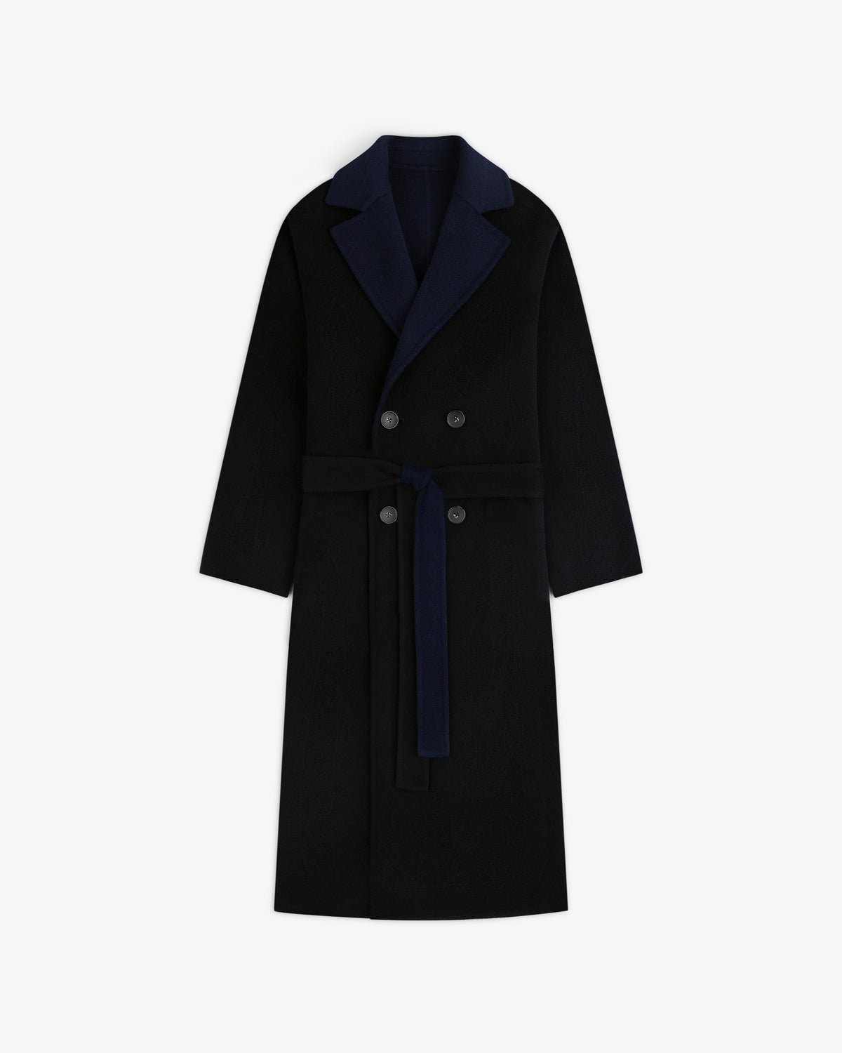 Reversible Double Breasted Top Coat with a dark lapel and a matching tie belt.