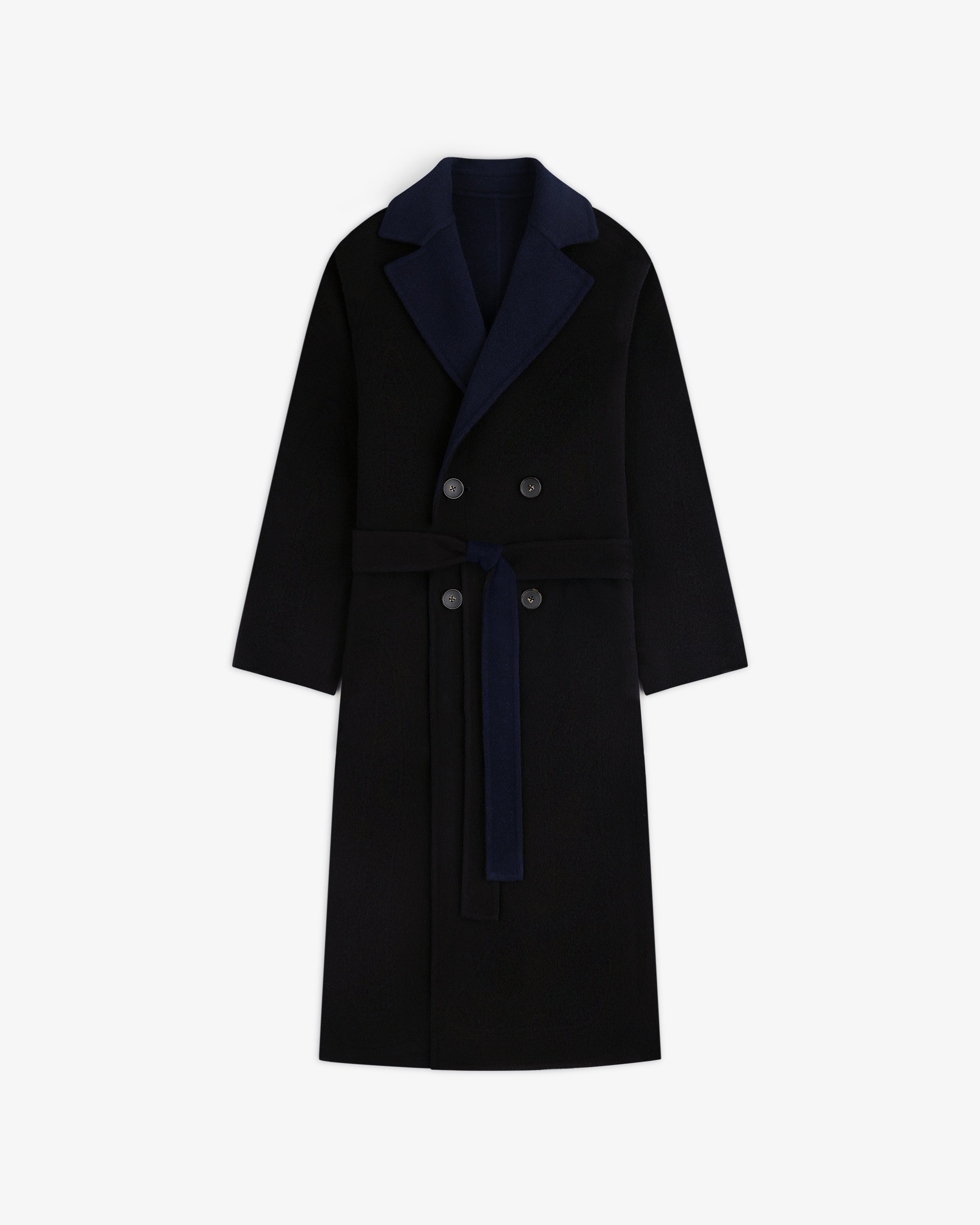 Reversible Double Breasted Top Coat with a dark lapel and a matching tie belt.