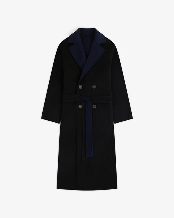 Reversible Double Breasted Top Coat with a dark lapel and a matching tie belt.