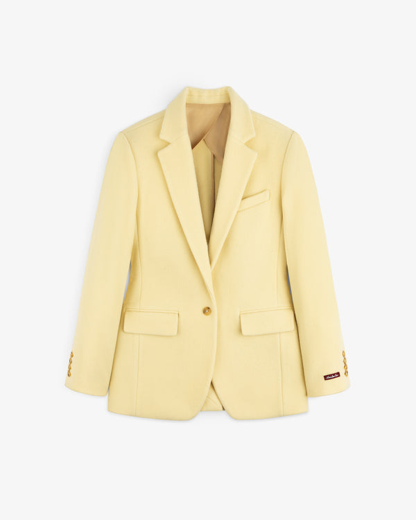 Pale yellow Wool Sportcoat with notched lapels and gold buttons.