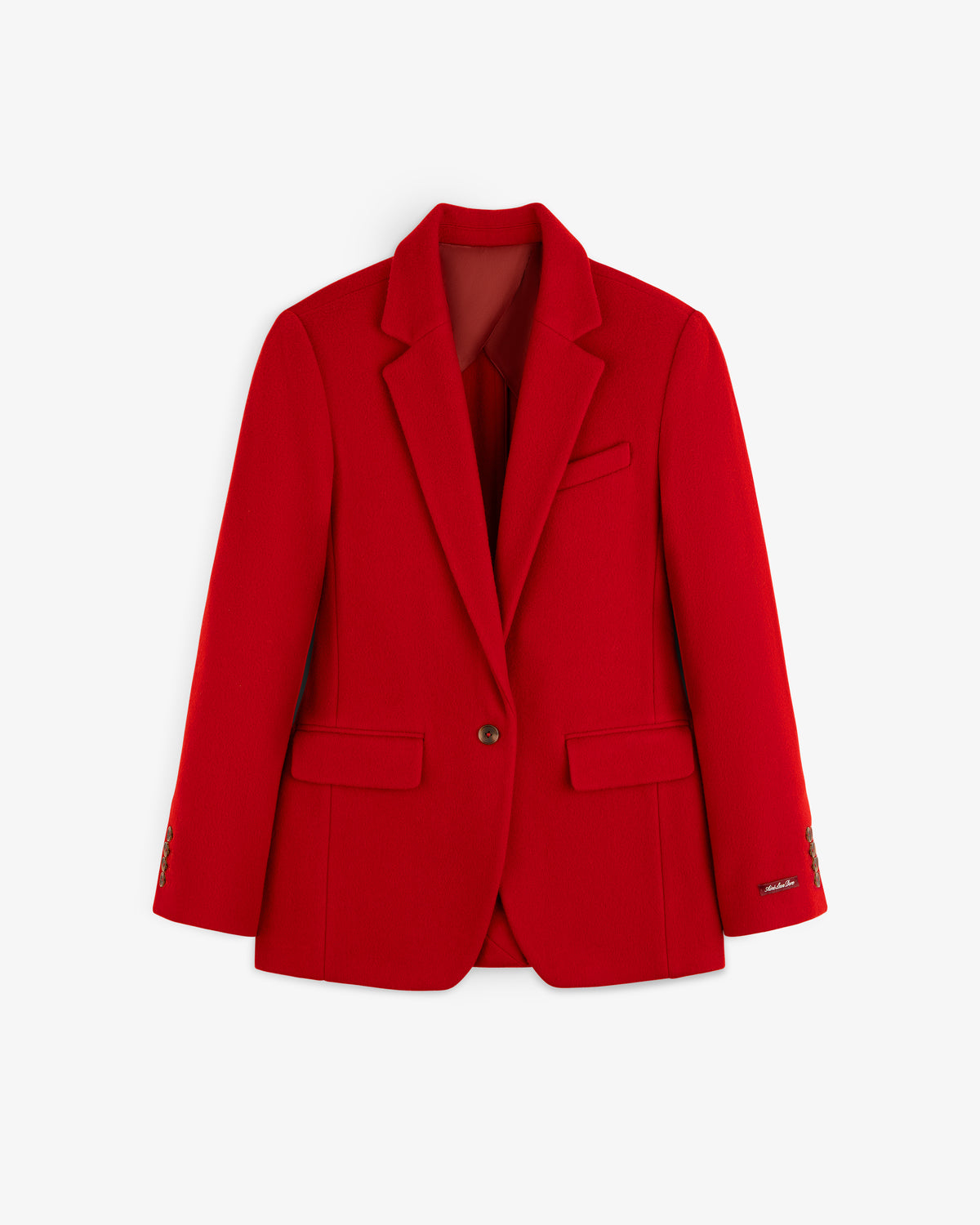 Red Wool Sportcoat with notched lapels, single-breasted front, and flap pockets.