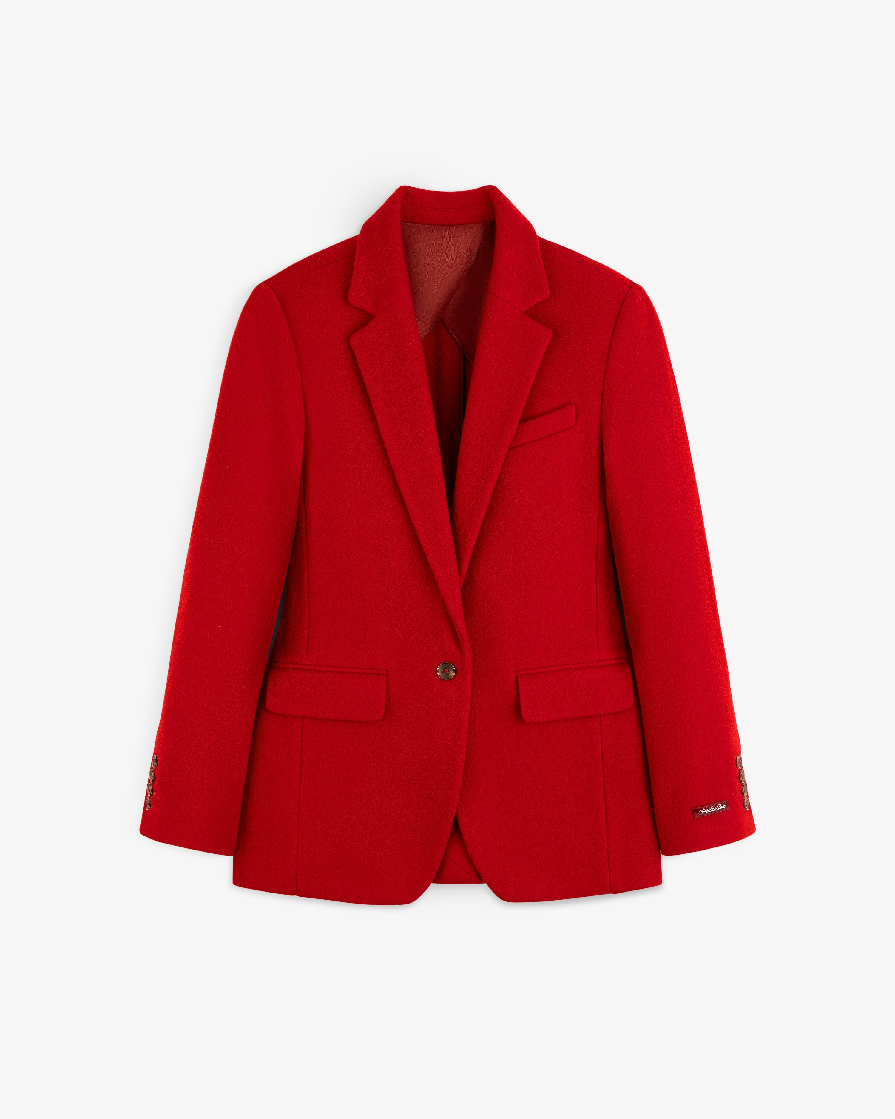 Red Wool Sportcoat with notched lapels, single-breasted front, and flap pockets.