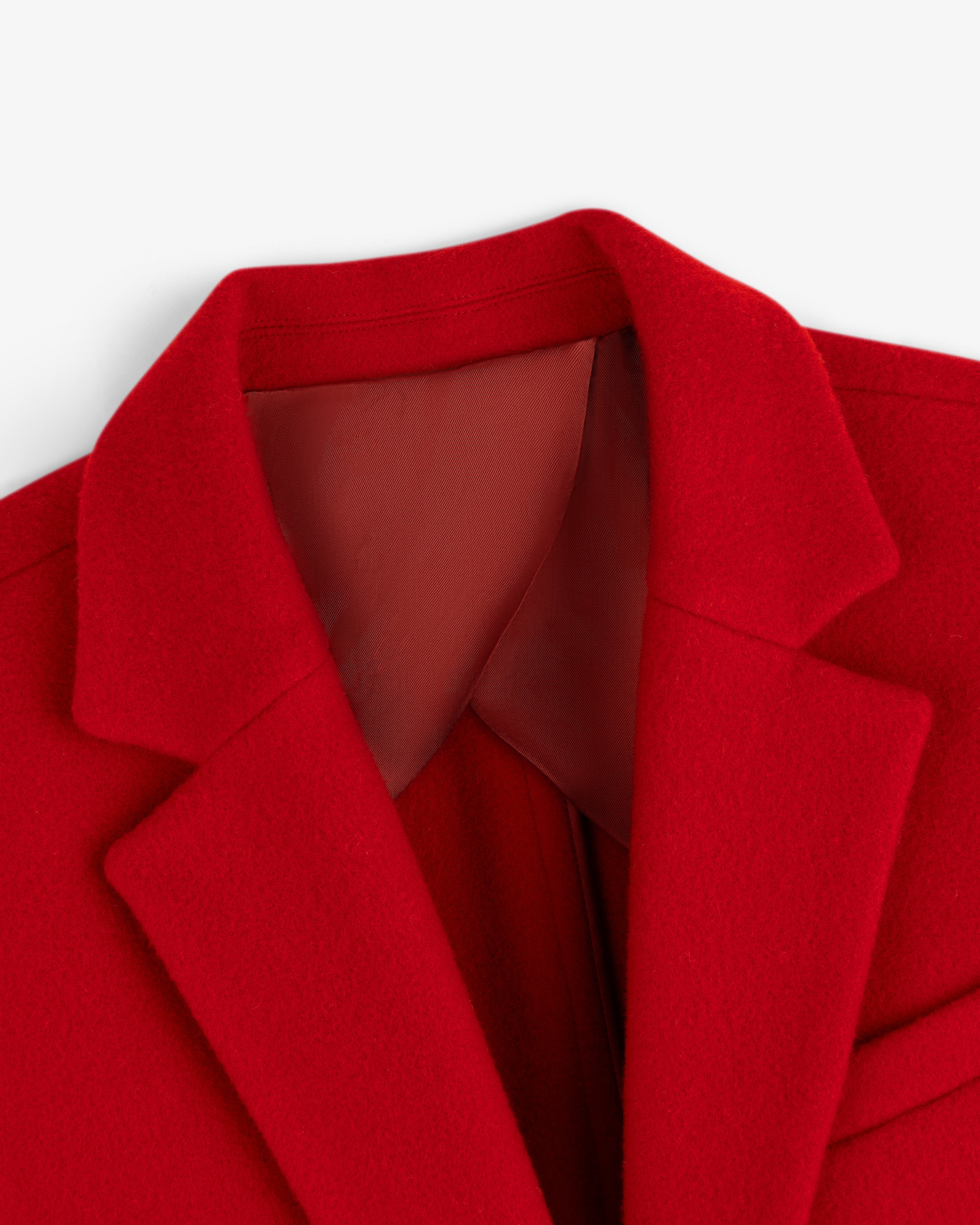 Close-up of a red Wool Sportcoat collar and lapels.