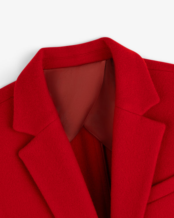 Close-up of a red Wool Sportcoat collar and lapels.