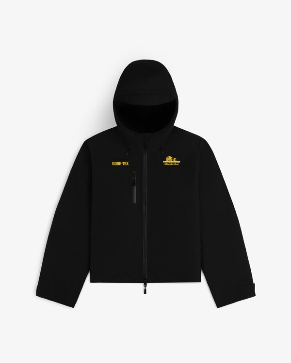 Black cropped Cropped GORE-TEX Shell Jacket with yellow logos on the chest and a full-length front zipper.